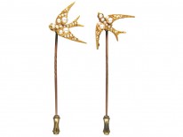 Pair of Edwardian 15ct Gold & Natural Split Pearl Swallow Tie Pins in Original Case