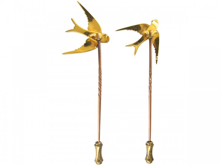 Pair of Edwardian 15ct Gold & Natural Split Pearl Swallow Tie Pins in Original Case
