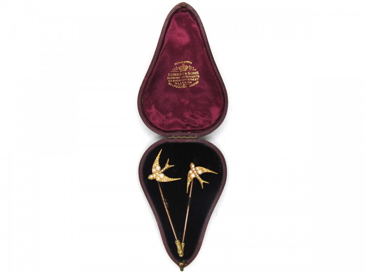 Pair of Edwardian 15ct Gold & Natural Split Pearl Swallow Tie Pins in Original Case