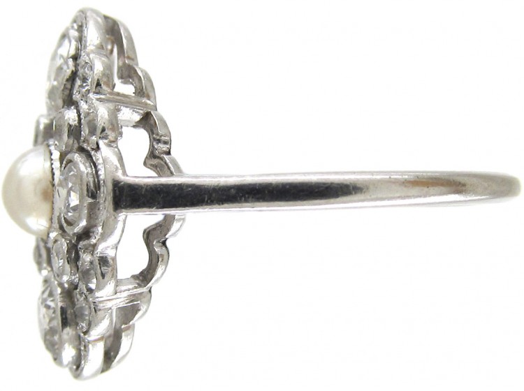 Edwardian Platinum, Diamond & Natural Pearl Cluster Ring