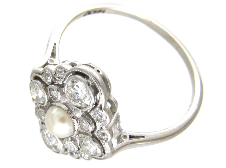 Edwardian Platinum, Diamond & Natural Pearl Cluster Ring