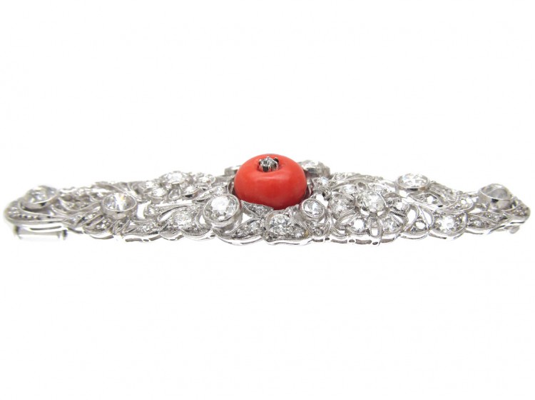 Diamond & Coral Brooch Art Deco Brooch