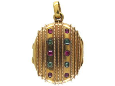 Ruby & Emerald Studded Victorian Gold Oval Locket