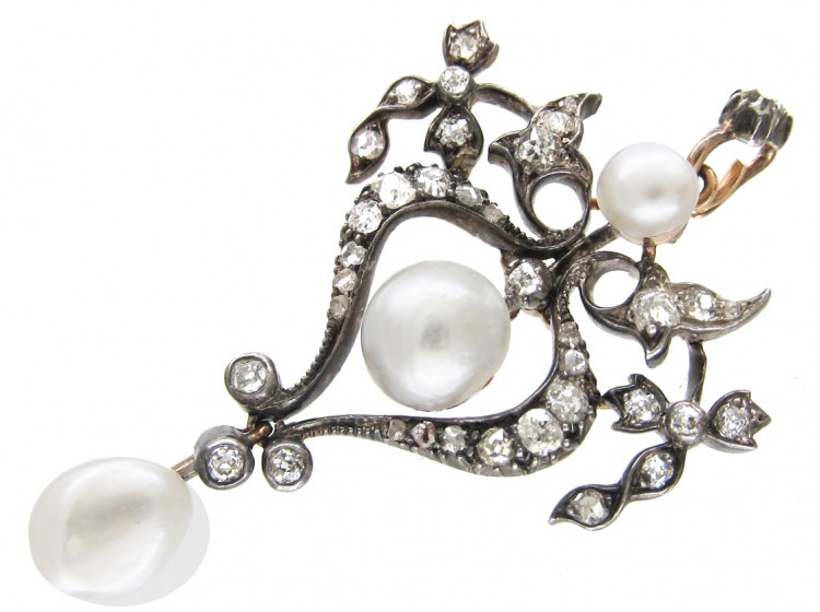 Art Nouveau Diamond & Natural Pearl Pendant