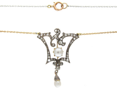 Edwardian Natural Pearl & Diamond Pendant on Platinum & Gold Two Colour Chain Edwardian Natural Pearl & Diamond Pendant on Platinum & Gold Two Colour Chain