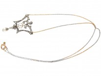 Edwardian Natural Pearl & Diamond Pendant on Platinum & Gold Two Colour Chain