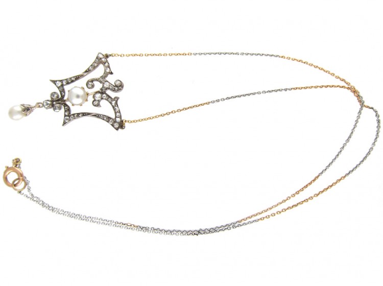 Edwardian Natural Pearl & Diamond Pendant on Platinum & Gold Two Colour Chain