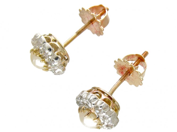 Edwardian Natural Pearl & Diamond Cluster Earrings