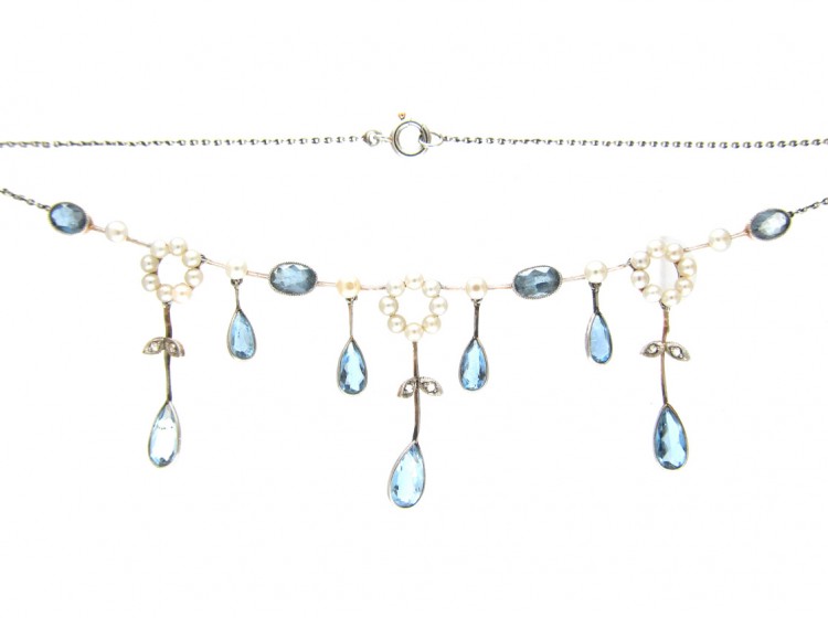 Edwardian Aquamarine Diamond & Natural Pearl Necklace