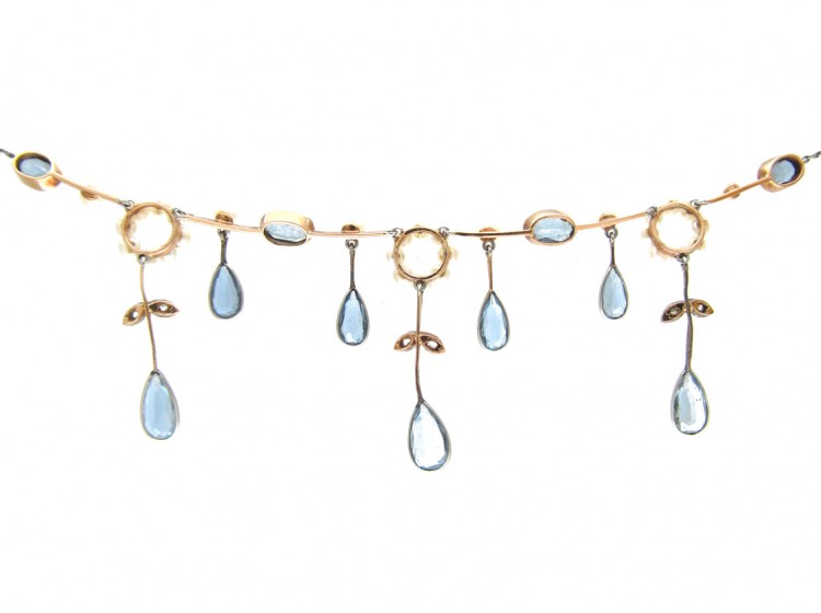 Edwardian Aquamarine Diamond & Natural Pearl Necklace
