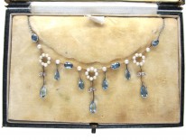 Edwardian Aquamarine Diamond & Natural Pearl Necklace