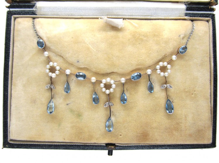 Edwardian Aquamarine Diamond & Natural Pearl Necklace