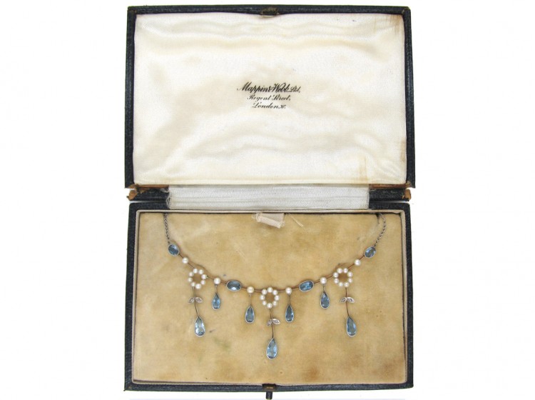 Edwardian Aquamarine Diamond & Natural Pearl Necklace