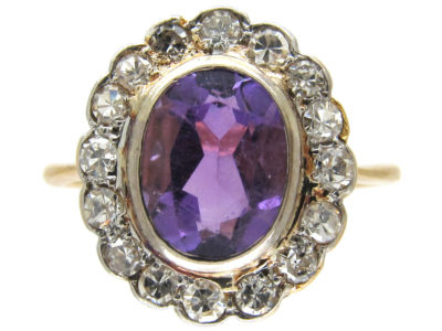 Edwardian Amethyst & Diamond Oval Cluster Ring