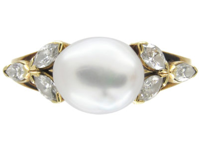 14ct Gold Pearl & Diamond Leaf Ring