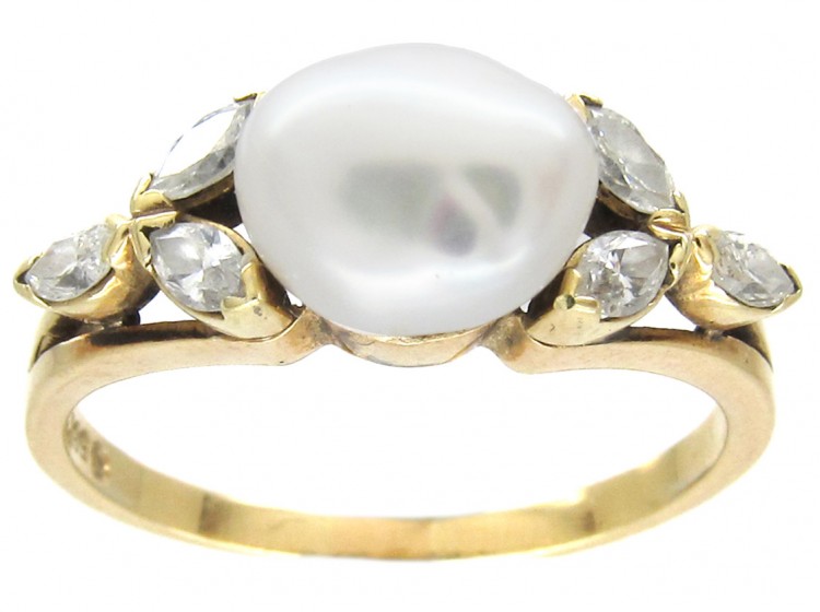14ct Gold Pearl & Diamond Leaf Ring