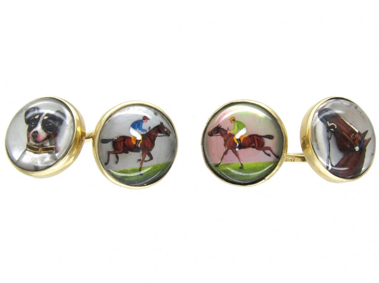 15ct Gold & Rock Crystal Cufflinks of a Jack Russell, Racing & a Horse Head