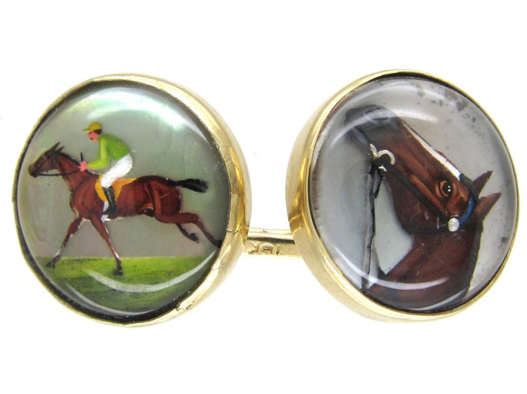 15ct Gold & Rock Crystal Cufflinks of a Jack Russell, Racing & a Horse Head