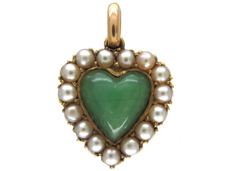 15ct Gold, Jade & Natural Split Pearls Heart Pendant