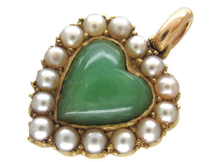 15ct Gold, Jade & Natural Split Pearls Heart Pendant