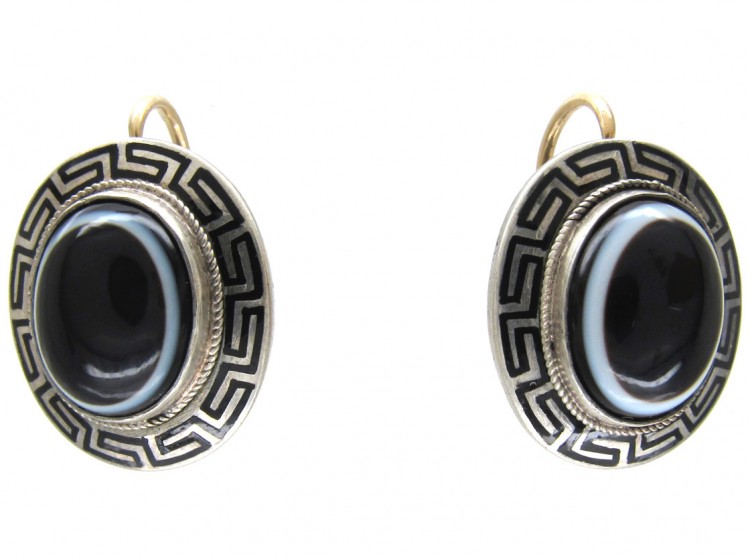 Victorian Banded Onyx Silver & Enamel Earrings