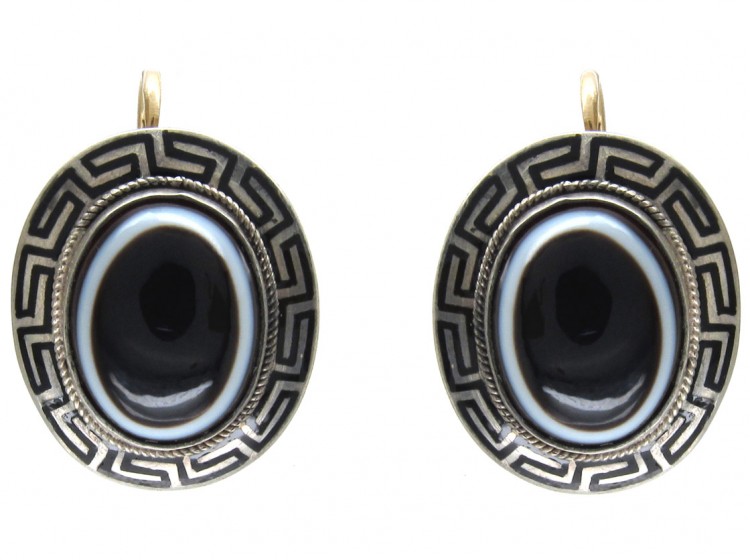 Victorian Banded Onyx Silver & Enamel Earrings