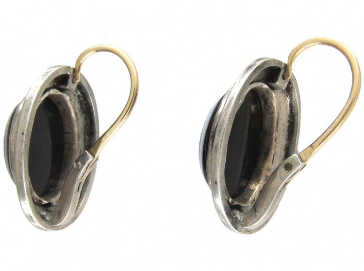 Victorian Banded Onyx Silver & Enamel Earrings