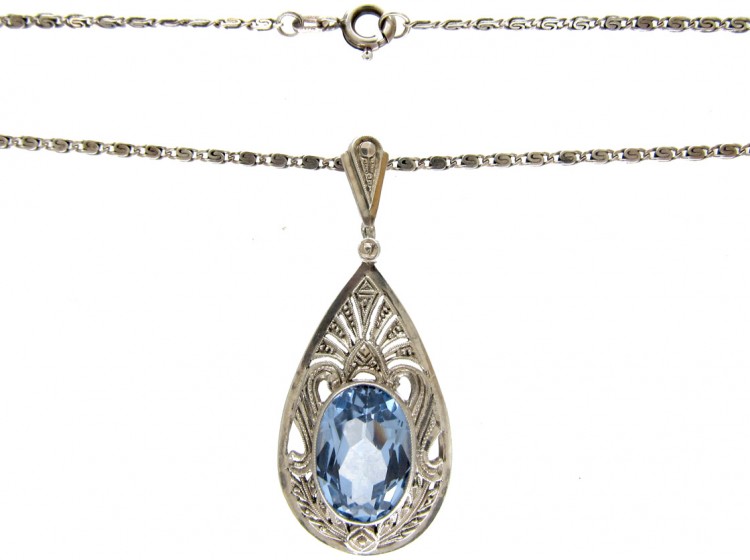 Blue Paste Art Deco Silver Pendant on Chain