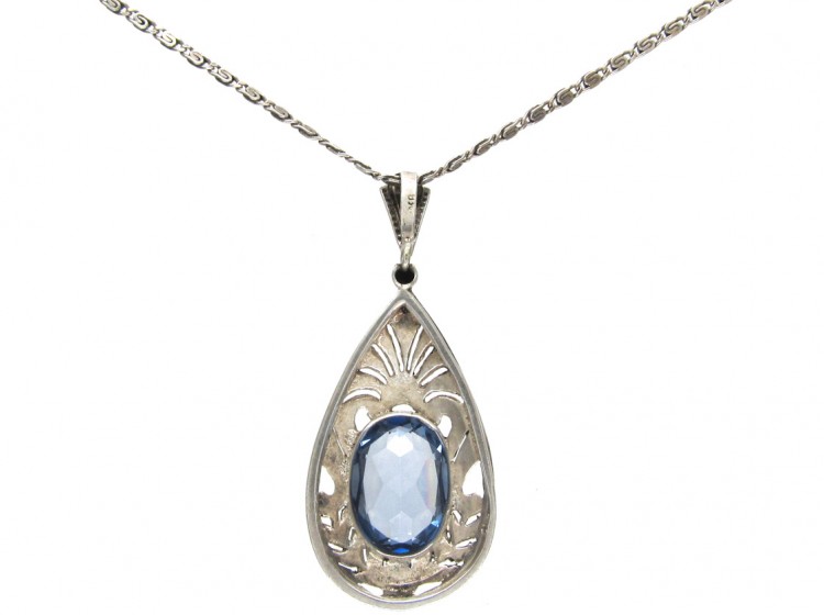 Blue Paste Art Deco Silver Pendant on Chain