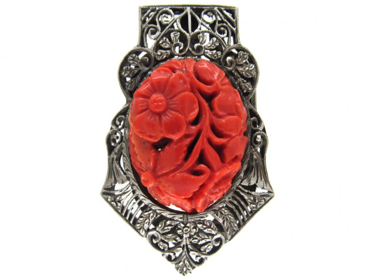 Art Deco Carved Coral & Silver Clip Brooch