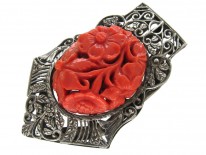 Art Deco Carved Coral & Silver Clip Brooch