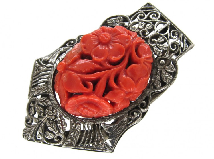 Art Deco Carved Coral & Silver Clip Brooch