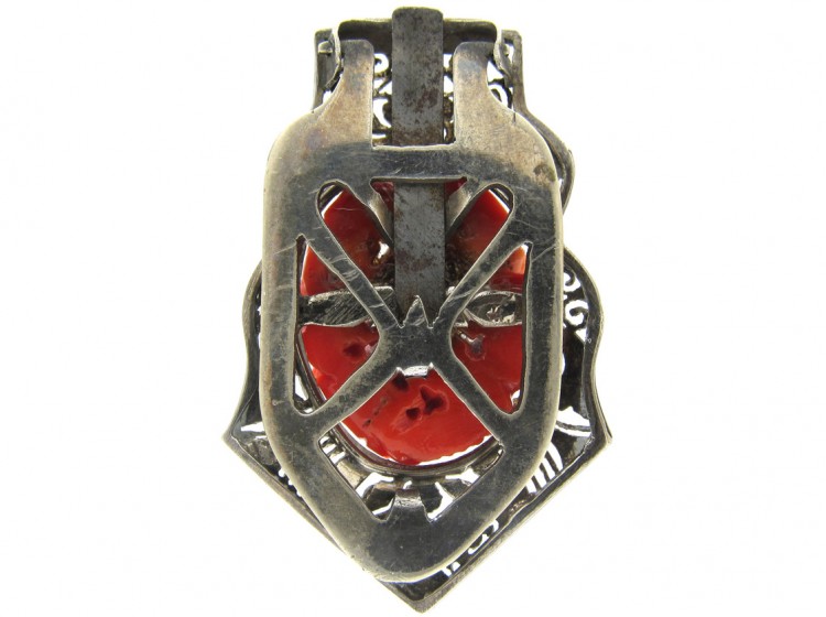Art Deco Carved Coral & Silver Clip Brooch