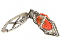 Art Deco Carved Coral & Silver Clip Brooch