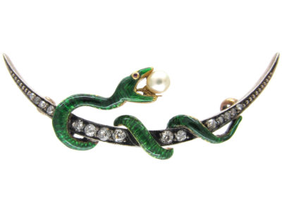 Victorian Enamel Snake & Diamond Crescent Brooch Victorian Enamel Snake & Diamond Crescent Brooch