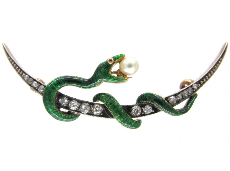 Victorian Enamel Snake & Diamond Crescent Brooch