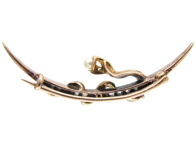 Victorian Enamel Snake & Diamond Crescent Brooch