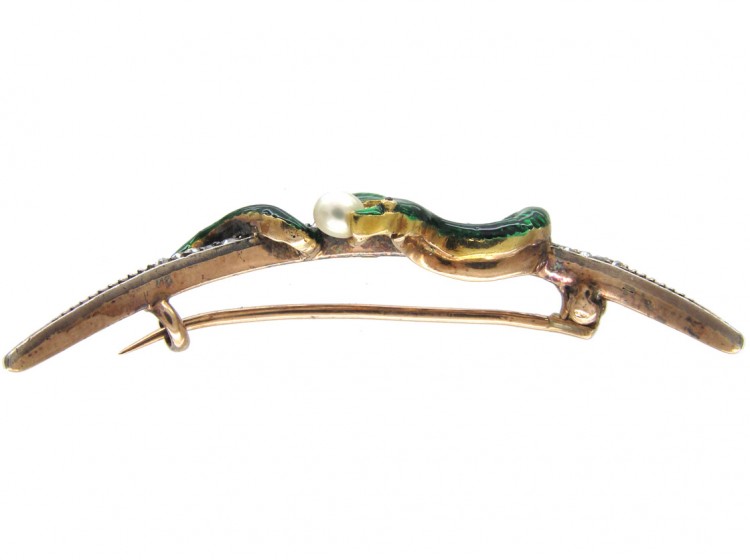 Victorian Enamel Snake & Diamond Crescent Brooch