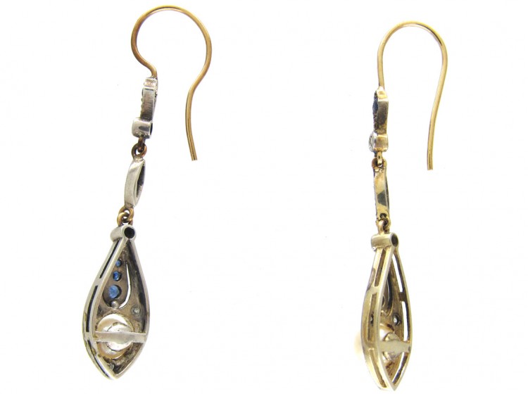 Sapphire, Diamond & Pearl Art Deco Drop Earrings
