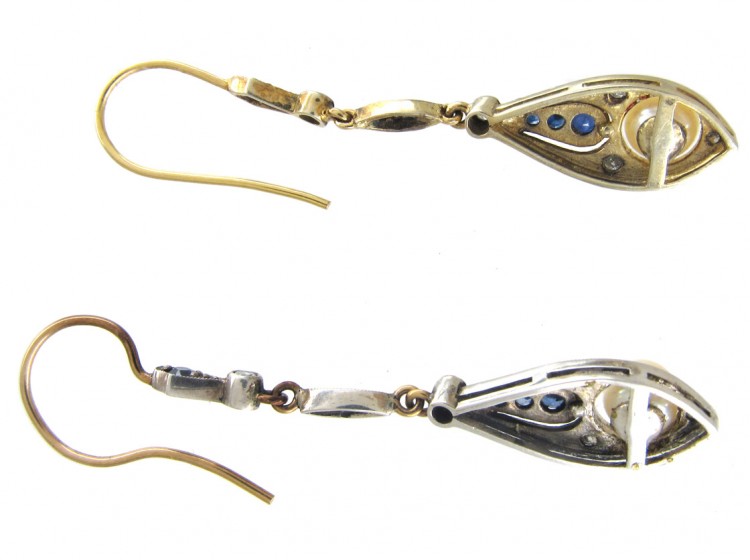 Sapphire, Diamond & Pearl Art Deco Drop Earrings