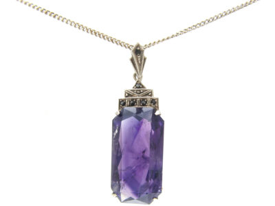 Art Deco Amethyst, Silver & Marcasite Pendant on Chain