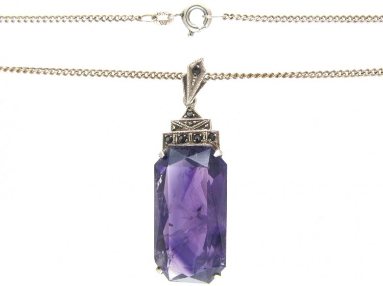 Art Deco Amethyst, Silver & Marcasite Pendant on Chain
