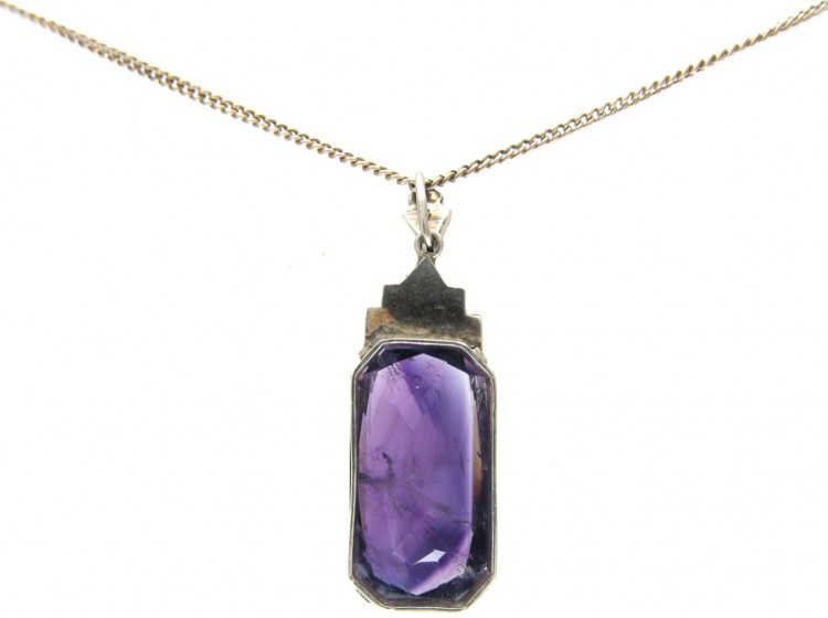 Art Deco Amethyst, Silver & Marcasite Pendant on Chain