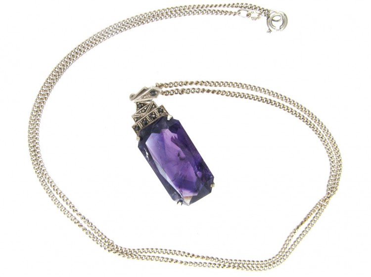 Art Deco Amethyst, Silver & Marcasite Pendant on Chain