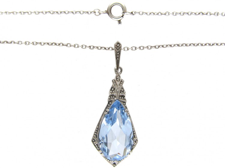 Art Deco Silver & Blue Paste Pendant on Chain