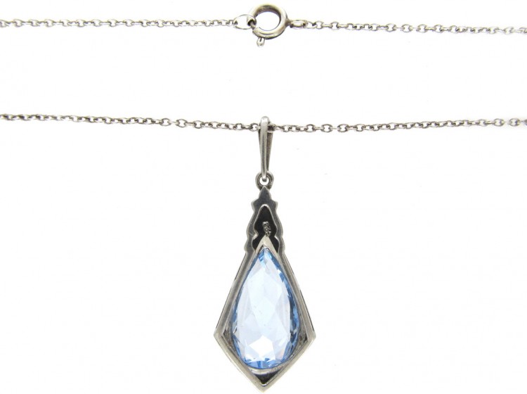 Art Deco Silver & Blue Paste Pendant on Chain