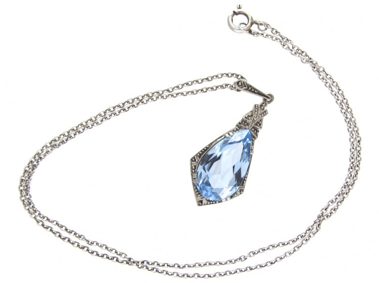Art Deco Silver & Blue Paste Pendant on Chain