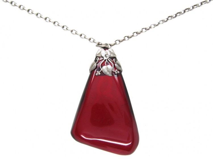 Art Nouveau Silver & Cherry Amber Pendant on Chain