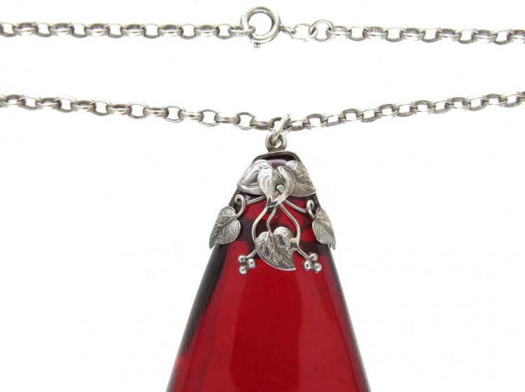 Art Nouveau Silver & Cherry Amber Pendant on Chain