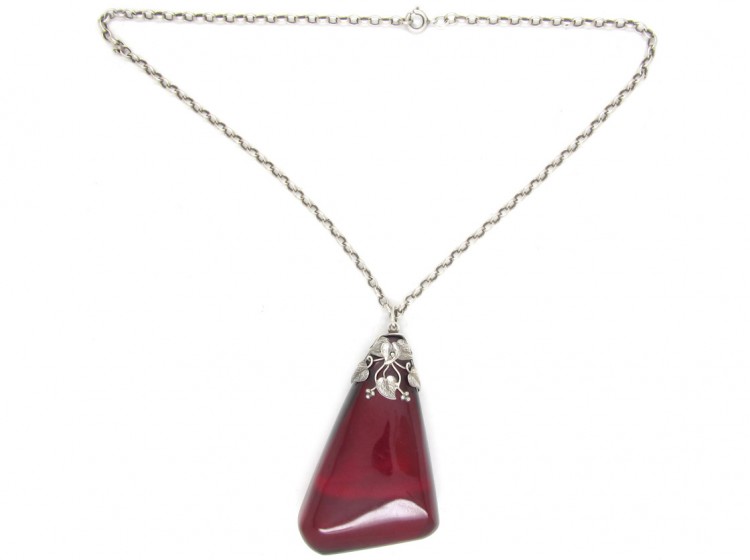 Art Nouveau Silver & Cherry Amber Pendant on Chain